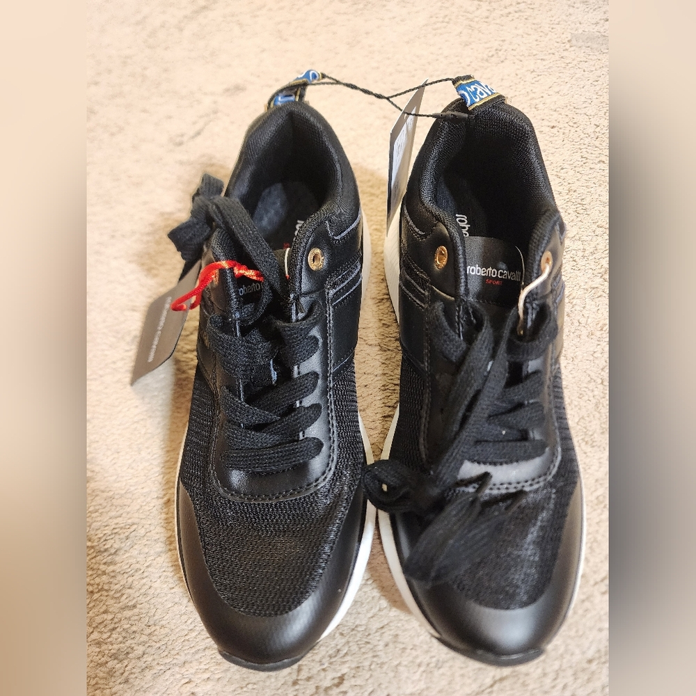 NWT Roberto Cavalli Men Black Leather Sneakers $570 Size 40/US 7-7.5 Athleisure